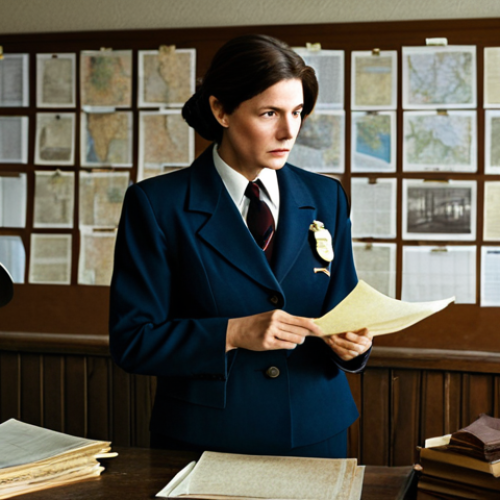 A focused, mature adult male professional detective, dressed in a modest, dark 1980s-era suit and tie, seated at a worn wooden desk in a dimly lit police station office. The desk is cluttered with stacks of neatly organized paper files, old maps of a rural area, and an antique desk lamp casting a warm glow. In the background, another fully clothed, professional adult detective, a woman in an appropriate, modest pantsuit, stands examining a corkboard covered with non-descript documents and string. The atmosphere conveys diligent, tireless investigation and quiet determination. Perfect anatomy, natural pose, correct proportions, well-formed hands, proper finger count, natural body proportions. Professional photography, high quality, realistic, safe for work, appropriate content, fully clothed, professional dress, family-friendly.