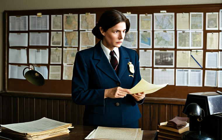A focused, mature adult male professional detective, dressed in a modest, dark 1980s-era suit and tie, seated at a worn wooden desk in a dimly lit police station office. The desk is cluttered with stacks of neatly organized paper files, old maps of a rural area, and an antique desk lamp casting a warm glow. In the background, another fully clothed, professional adult detective, a woman in an appropriate, modest pantsuit, stands examining a corkboard covered with non-descript documents and string. The atmosphere conveys diligent, tireless investigation and quiet determination. Perfect anatomy, natural pose, correct proportions, well-formed hands, proper finger count, natural body proportions. Professional photography, high quality, realistic, safe for work, appropriate content, fully clothed, professional dress, family-friendly.