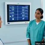 신해철 의료 사고 사건 - A modern Spanish hospital ward scene showing diverse medical staff in professional attire conducting...