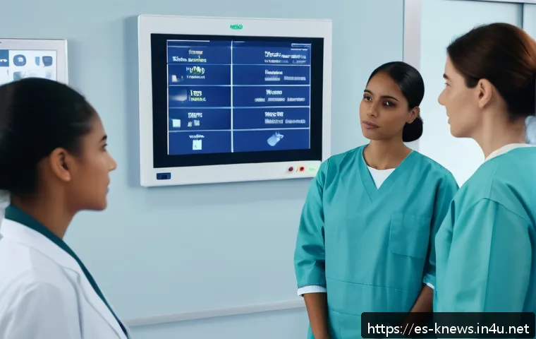 신해철 의료 사고 사건 - A modern Spanish hospital ward scene showing diverse medical staff in professional attire conducting...