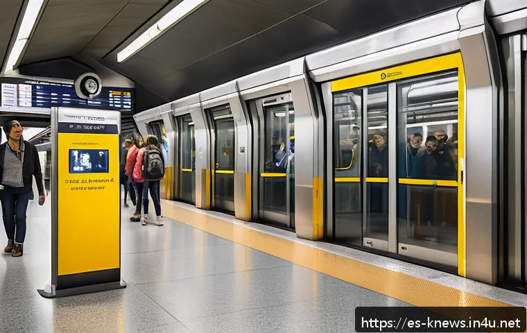구의역 스크린도어 사망 사고 - A busy metro station platform in Spain during rush hour, showing diverse passengers patiently waitin...